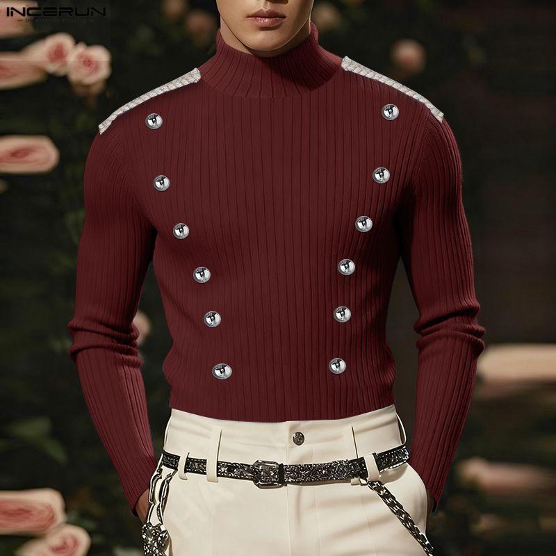INCERUN Spring Men's High Neck Long Sleeve Buttons Decorative Fitted T-shirts Tops Undershirts