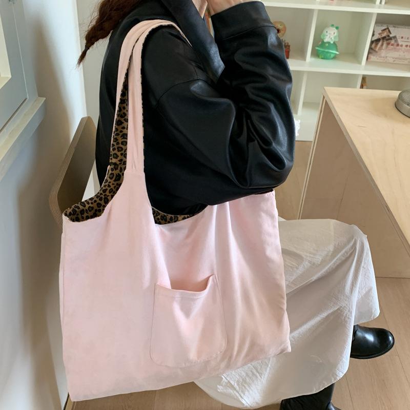 

Leopard Print Vest Shoulder Bag for Women Double-sided Female Retro Suede Tote Purse Fall Winter Ladies Contrast Color Handbags рожевий