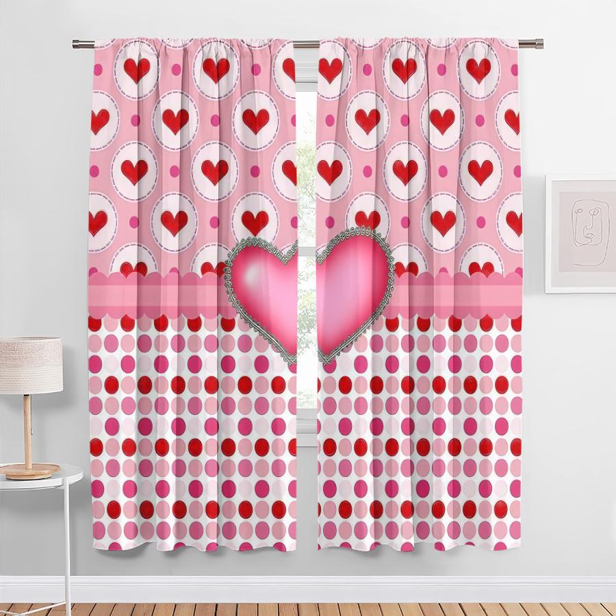 2PCS foundation make-up red heart wave point layered curtain   sweet style   living room   bedroom   trolley pocket decoration