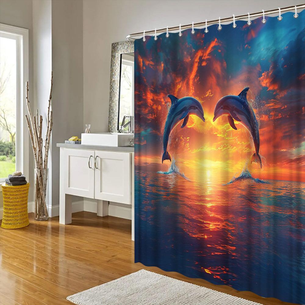 Sunset Dolphins Shower Curtain - Waterproof, Mildew-Resistant With Oceanic Design For Serene And Inspiring Bathroom Decor