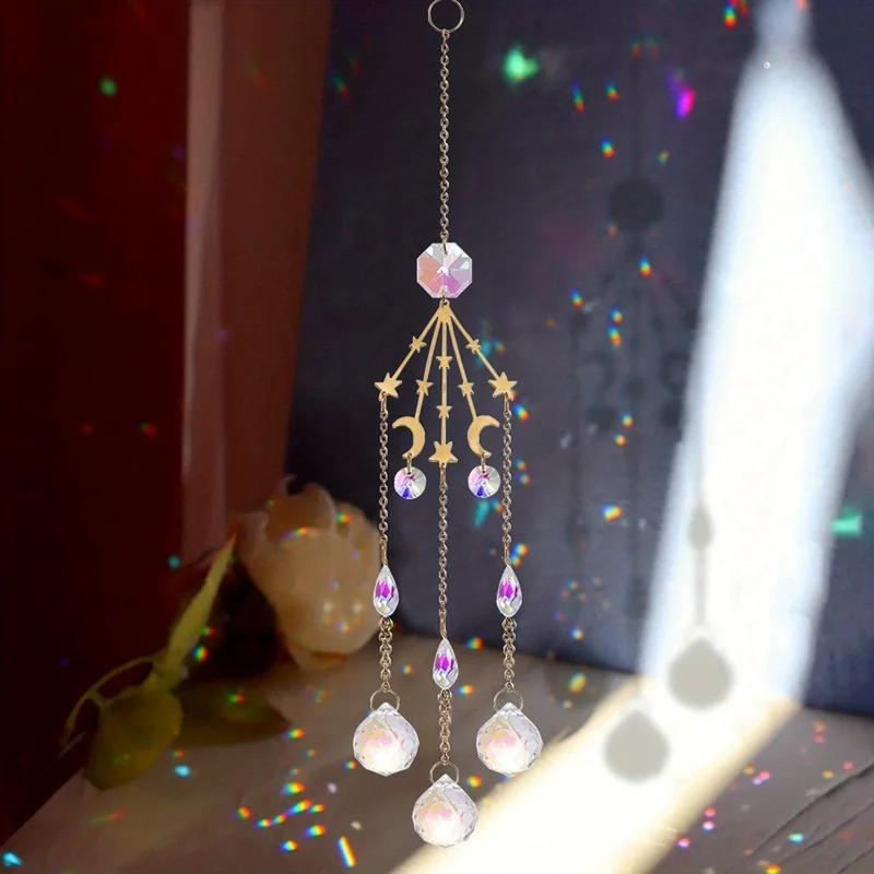 1 Star and Moon Gold Crystal Pendant Sun Catcher - Garden Decoration, Colorful Crystal Festival Decoration Pendant