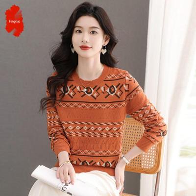 Damen Retro Jacquard Langarm Strickoberteil