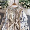 Vintage Embroidered Bandage Dress for Women Bohemian Lantern Sleeve Long Dress with Buttons Spring Autumn Vestidos Mujer