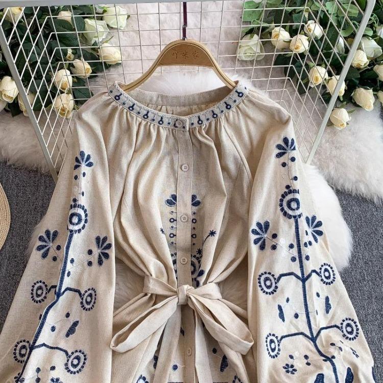 Vintage Embroidered Bandage Dress for Women Bohemian Lantern Sleeve Long Dress with Buttons Spring Autumn Vestidos Mujer