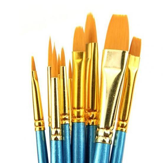 10x Round Pointed/Flat Tip Nylon Hair Acrylic Watercolor Artist Paint Brush Set