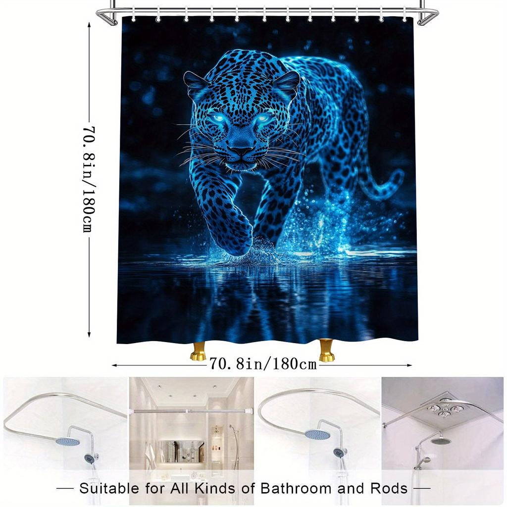 Ethereal Blue Leopard Shower Curtain - Glowing Aura & Piercing Eyes, Reflective Water Digital Art, Polyester Bathroom Decor