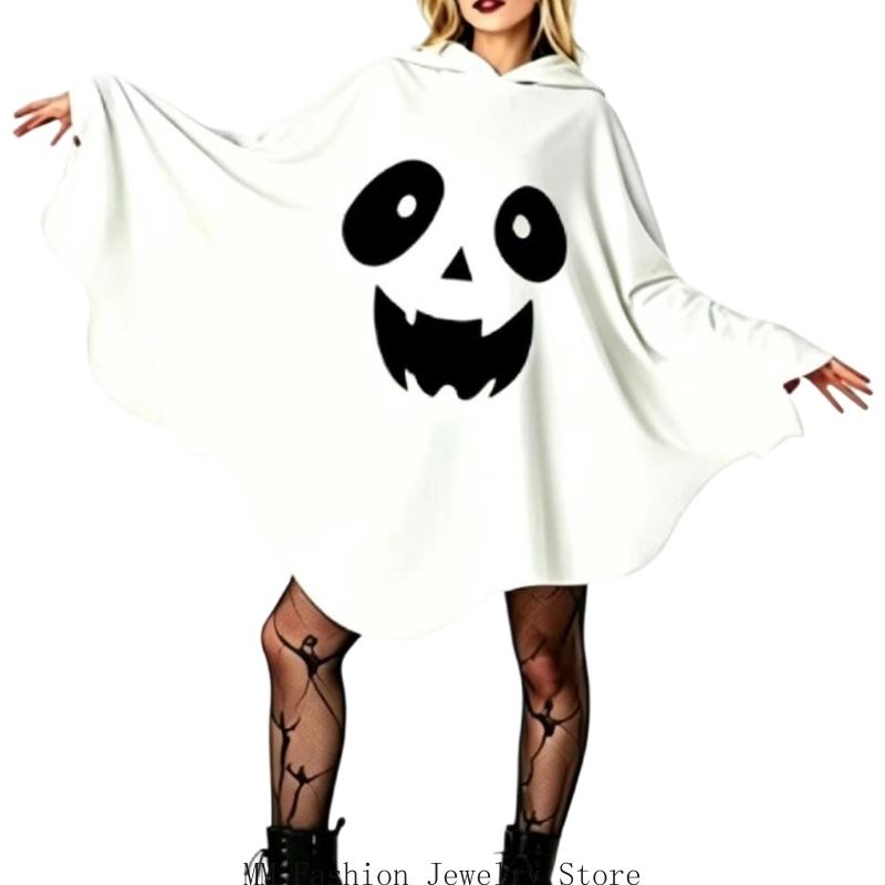 Single Piece Ghostly Costume for Halloween Party Wear, White Hooded Capes Outfit for Teens Adults Costume D0UB