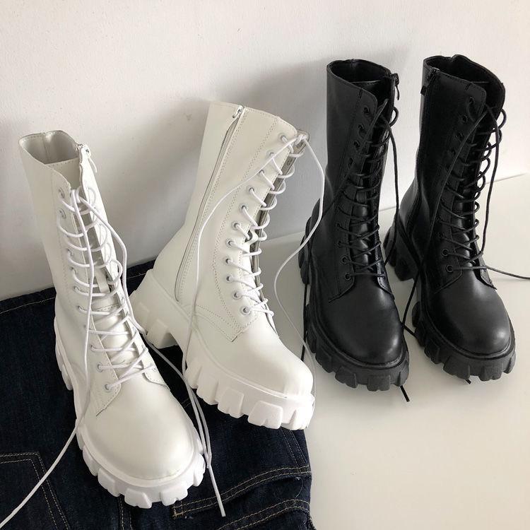 Mid Calf Boots Women Autumn Winter Lace-up Ladies Chelsea Zipper Boots Sports Platform Heel Ladies Shoes