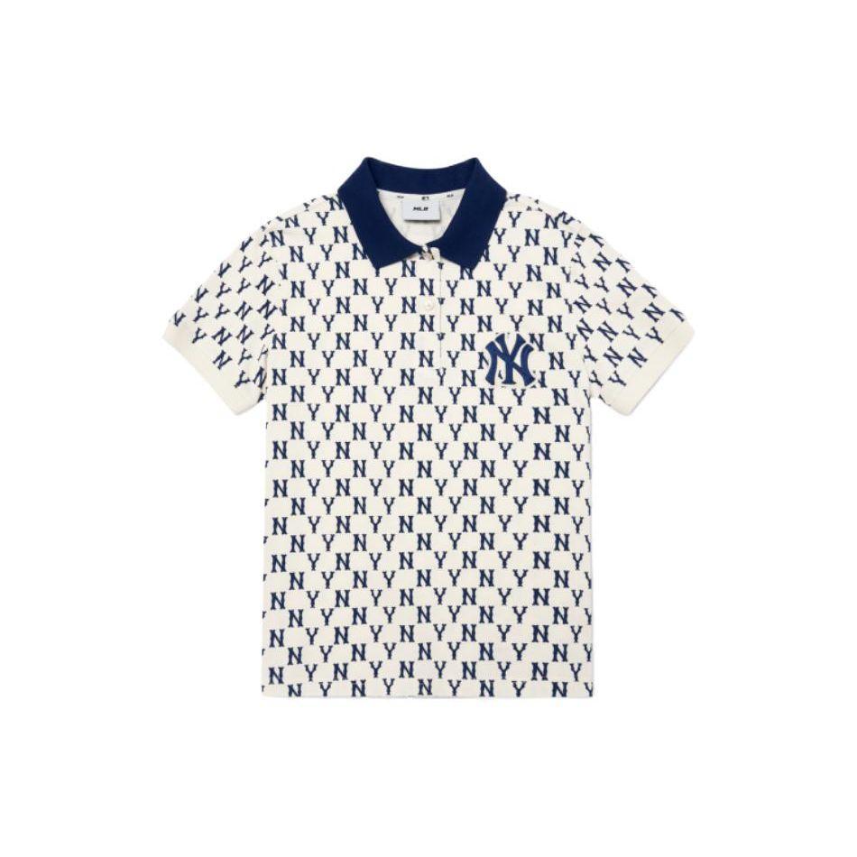 MLB Basic Logo New York Yankees Logo Short Sleeve Retro Sports Print Polo Shirt Women tops Cream 3FPQM5023-50CRS