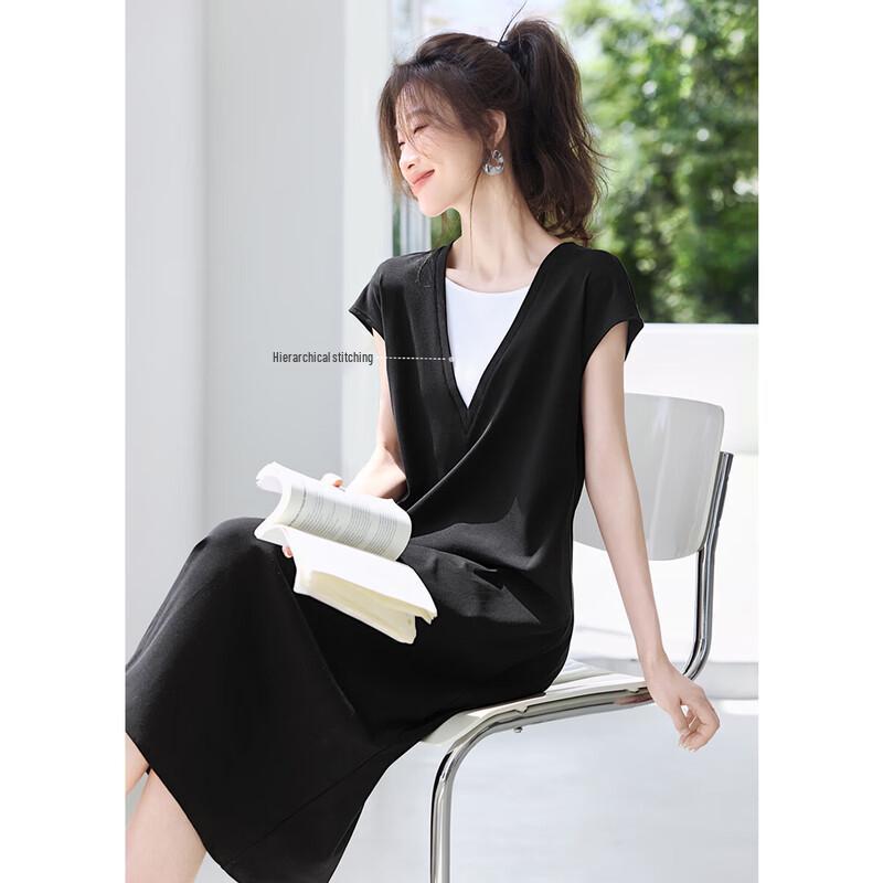 Faux Two-Piece Color-Block V-Neck A-Line Midi Dress