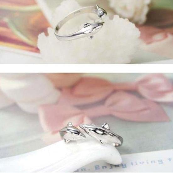 Fashion Women Silver Plated Double Dolphin Opening Adjustable Finger Ring Gift