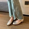  Autumn New Widened Large Size Silver Versatile Light Mouth Bow Square Heel Single Shoe Women
