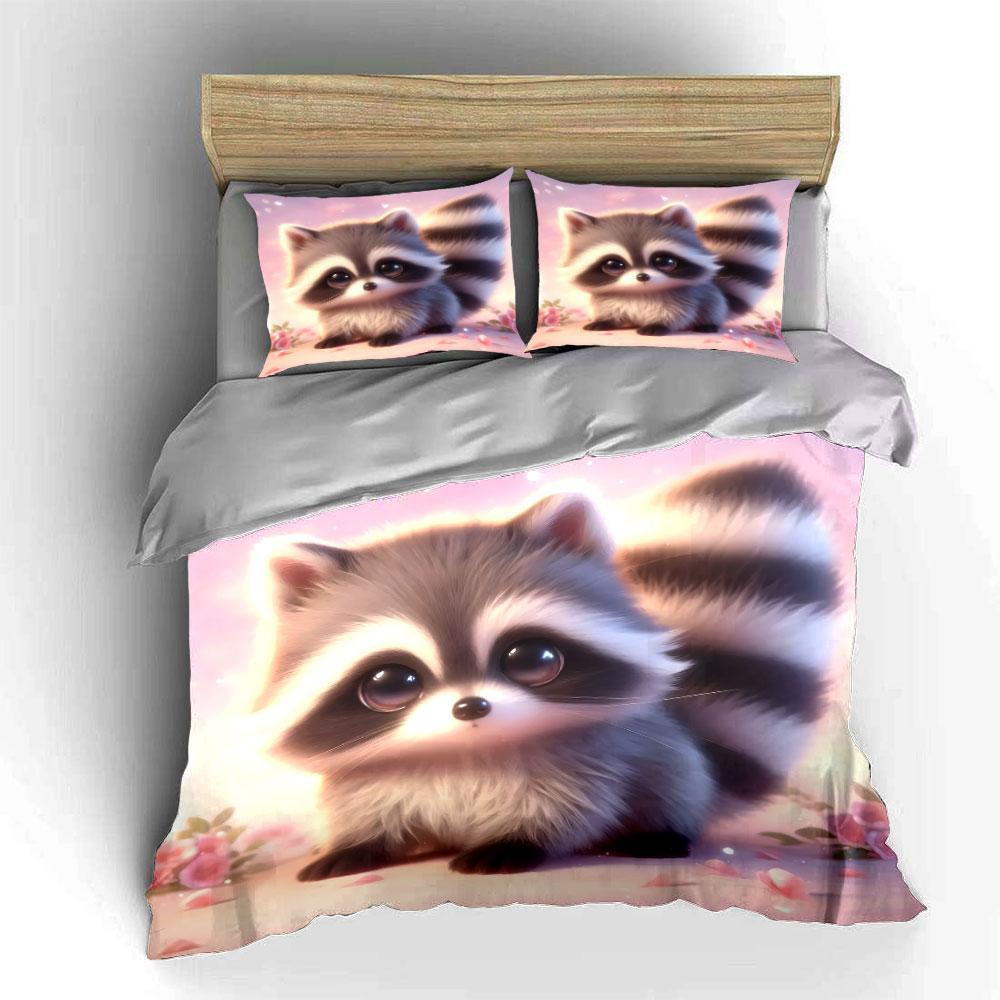 Adorable raccoon with pink background Bedding Set for Kids Luxury Gift 3pcs Digital Print Comforter Set Soft Comfortable