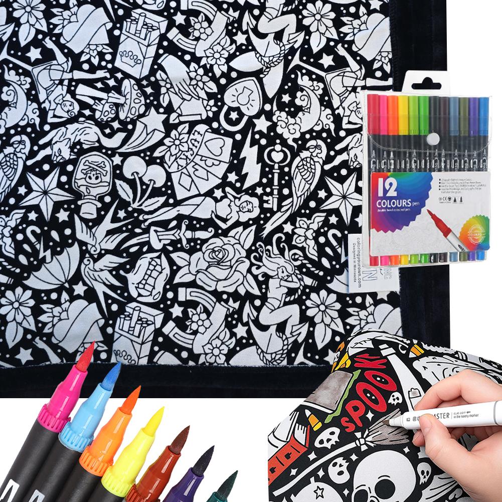 Дитяча ковдра для розмальовування своїми руками, що миється, з 12 кольоровими маркерами, Творча тканинна ковдра з квітами, пофарбованими на замовлення, для дорослих, для релаксації