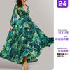 Primavera y verano 2026 Nuevo hermoso vestido europeo para mujer de Amazon, vestido de corte amplio con estampado de manga abullonada y escote en V sexy con hojas