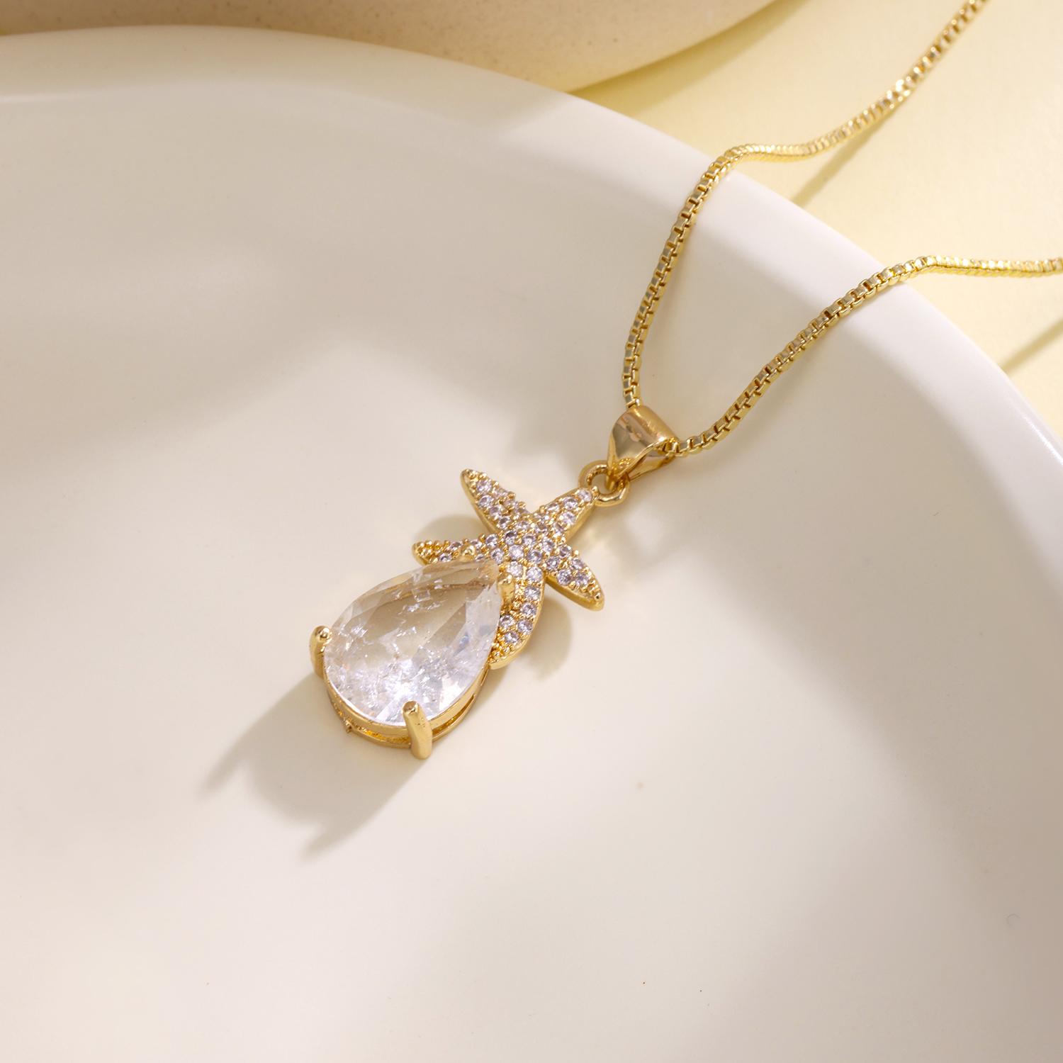 Nidin Elegant Starfish Water-drop Shape Crystal Drop Necklace Zircon Inlaid Pendant Fashion Ocean Jewelry For Women Daily Wear белый