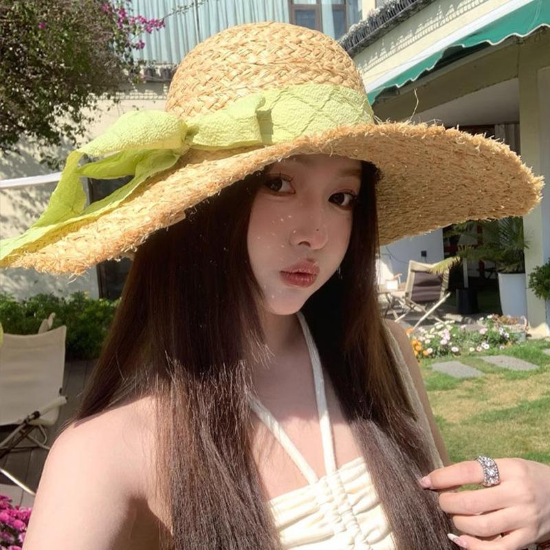 Summer French Breasted Raffia Straw Hat Women's Big Hat Brim Sun Protection Hat Beach Beach Bow Knit Hat