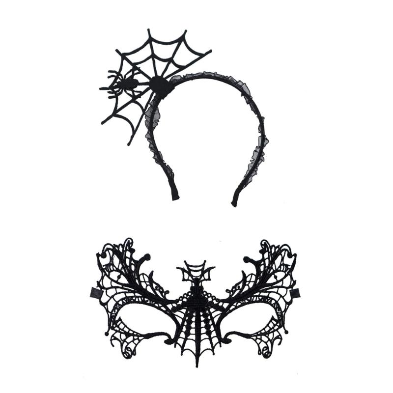 Spiders Web Poncho Dress Lace Gloves Earring Headband Stockings for Halloween Party Spiderweb Costume Accessories