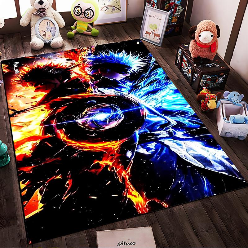 Fiery and icy themed anime-style artwork Non-slip rug suitable for living room and bedroom sofas