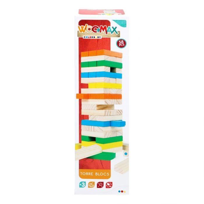 Jeu de société - Play&amp;Learn - Tour de blocs en bois - 58 pièces - Bois naturel - A partir de 3 ans