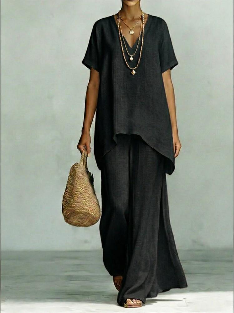 Fashion Loose Cotton Linen Short-sleeved Trousers 2 Piece Set Women Summer Casual V-neck Retro Female Wide-leg Trousers Suit