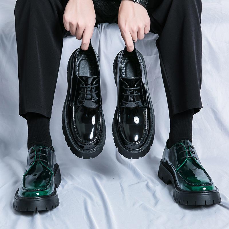 2024 Men's Chunky Patent Leather Lace-up Loafers: Stylish Big Head, Thick Sole for Hairstylists