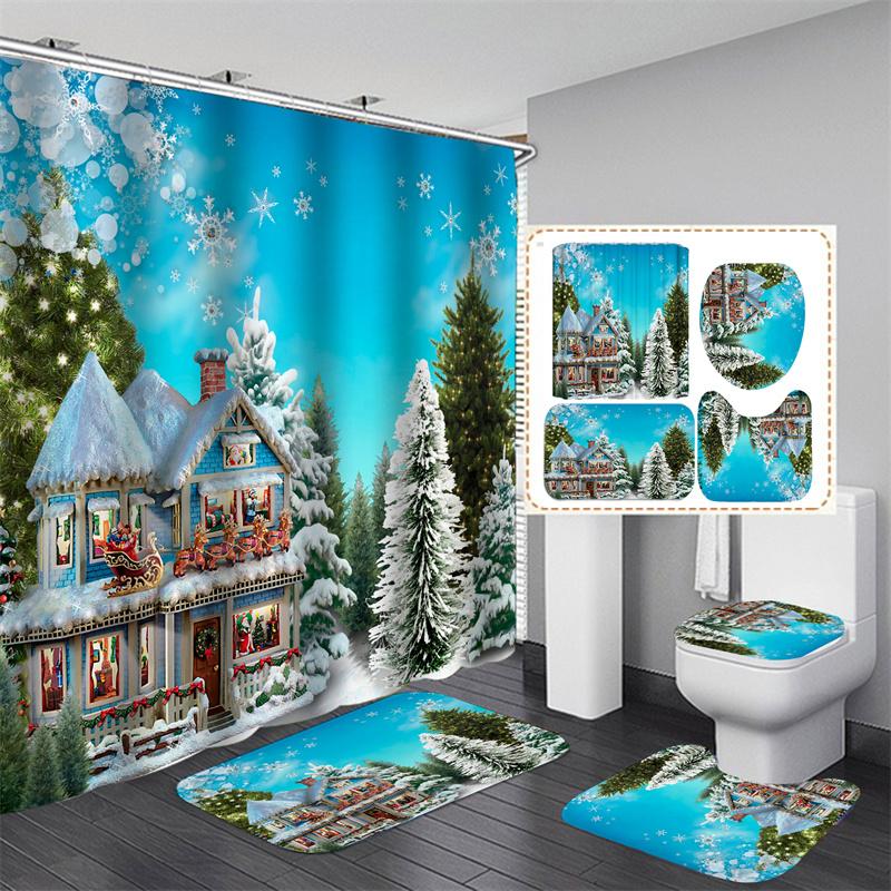Santa Vánoční sada sprchových závěsů Vanová předložka Protiskluzový koberec Koupelnová přepážka Vodotěsná Domácí dekorace Cortinas Para Ba ñO