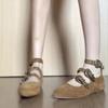 Blue Cabinet Version~ Pointed Flat Bottom Inner Height Increase Casual Mary Jane Shoes Women's Brown Rivets One Word with Shallow Mouth Single Shoes