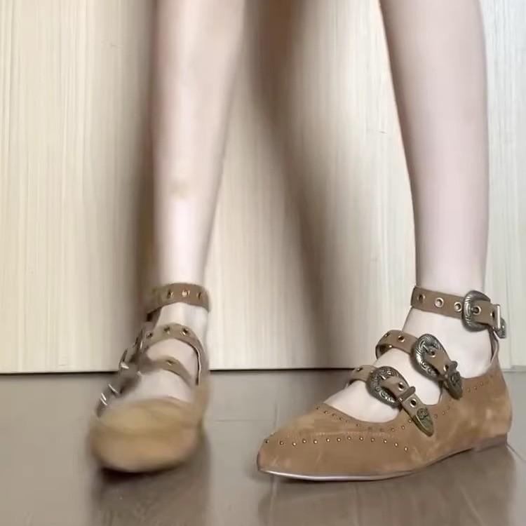 Blue Cabinet Version~ Pointed Flat Bottom Inner Height Increase Casual Mary Jane Shoes Women's Brown Rivets One Word with Shallow Mouth Single Shoes