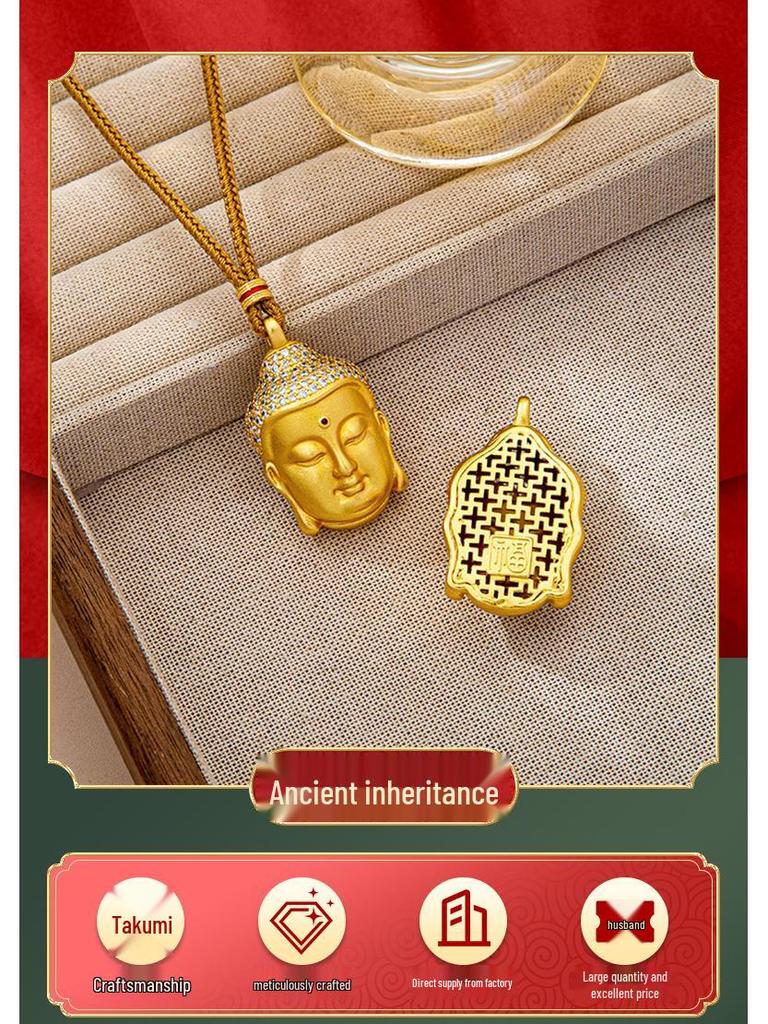 Collier Tête de Bouddha Vietnamien Vintage Tendance avec Accents Diamant - Finition Or Sablé, Rétention de Couleur Haut de Gamme