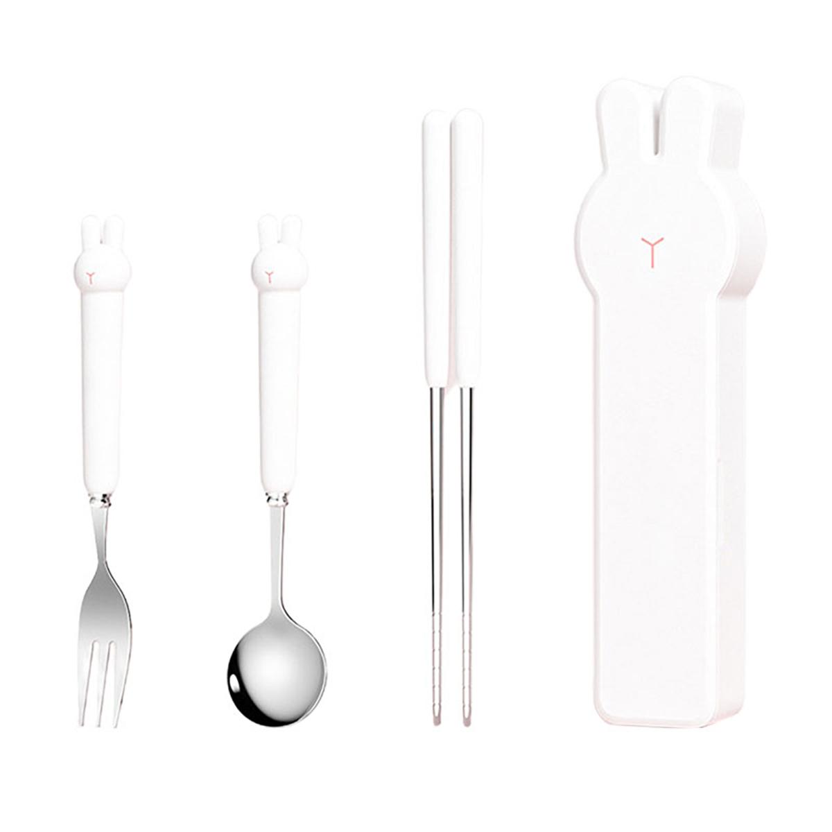 

1 комплект столовых приборов, ложка, удобная ручка, маленькая и изысканная креативная портативная посуда с мультяшным кроликом из нержавеющей стали 3