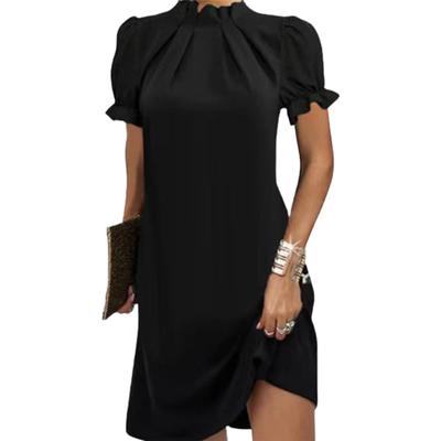 Sommer Boble Kortermet Plissert Hals Pullover Kjoler Kvinner Ensfarget Løs Casual Kåpe Damer Elegant Pendler Pyntet 5XL