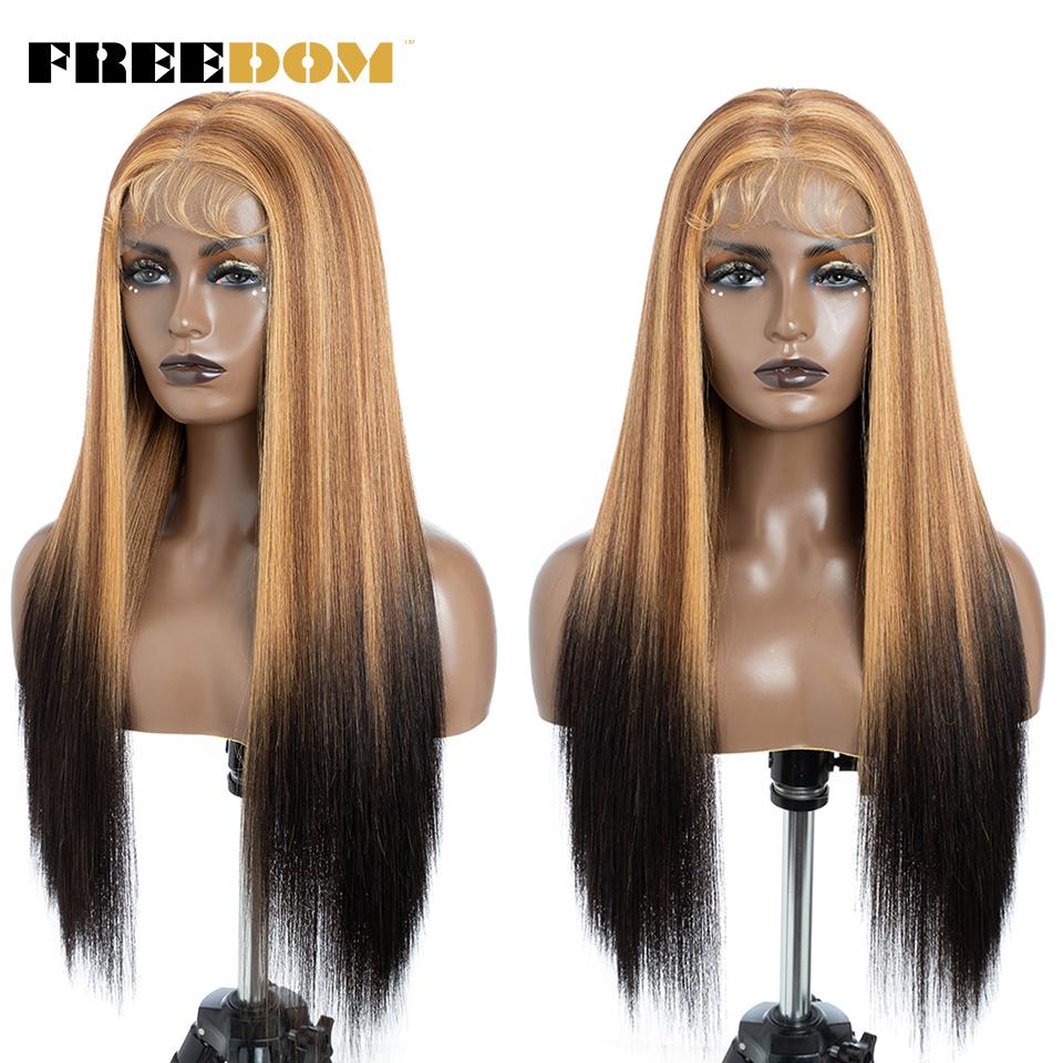 

FREEDOM Synthetic Lace Front Wigs For Black Women 13X7 Straight Lace Wigs 30 Inch Ombre Brown Blue Pink Cosplay Lace Wig (as the picture,150%&30inches&13*7)