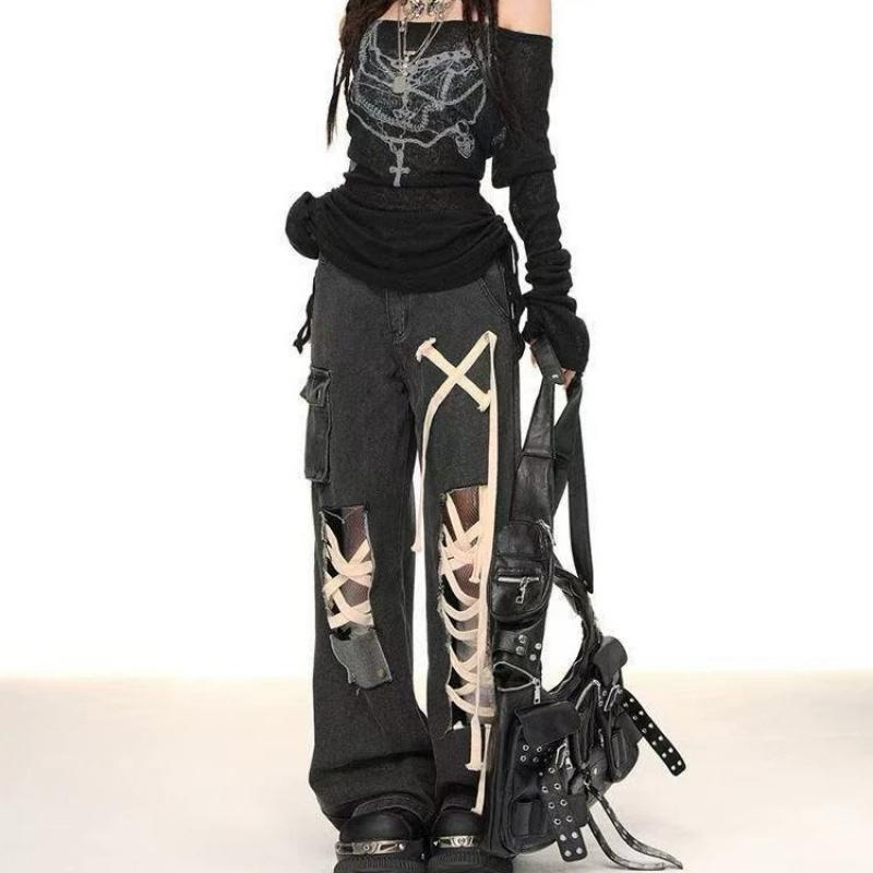 Women's New High-Waisted Wide-Leg Pants Punk Black Strap Distressed Ripped Jeans