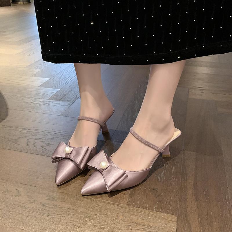 Fashion Pearl Butterfly Knot Head Slippers Summer New Pointed Head Shallow Mouth Line with Anti-slip Wear-resistant Heel Shoes