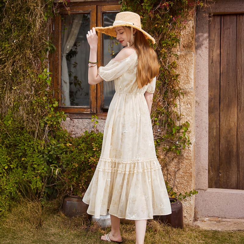 Xiangying Chiffon Floral V-Neck A-Line Dress