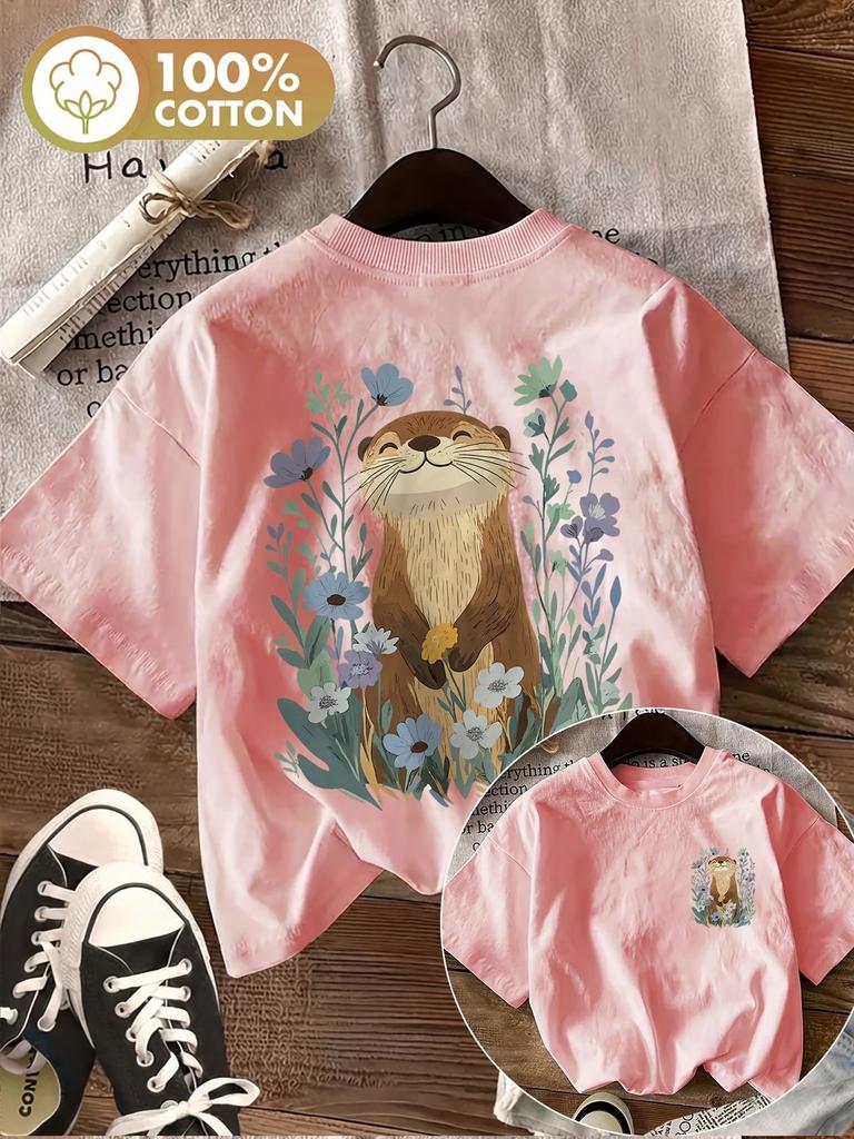 Funny Otter with Flower Yk Cotton Womens Kawaii Animal Print TShirt Soft Crew Neck Short Sleeve Top Tee Summer