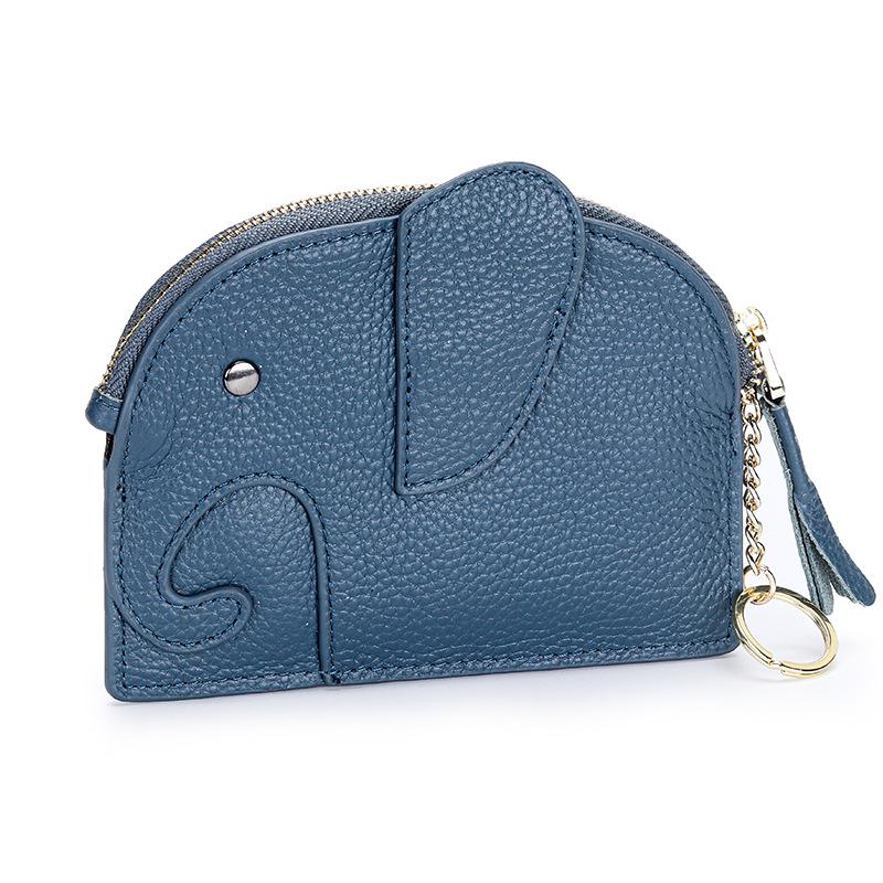 Women's Top Grain Cowhide Mini Coin Purse with Elephant Keychain - Cute, Japanese Style, Real Leather, Super Thin