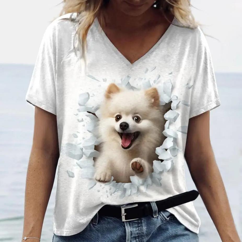 Summer V-neck 3D Animal Cat Dog Printed Top Fashionable Casual Short Sleeved Women's T-shirts