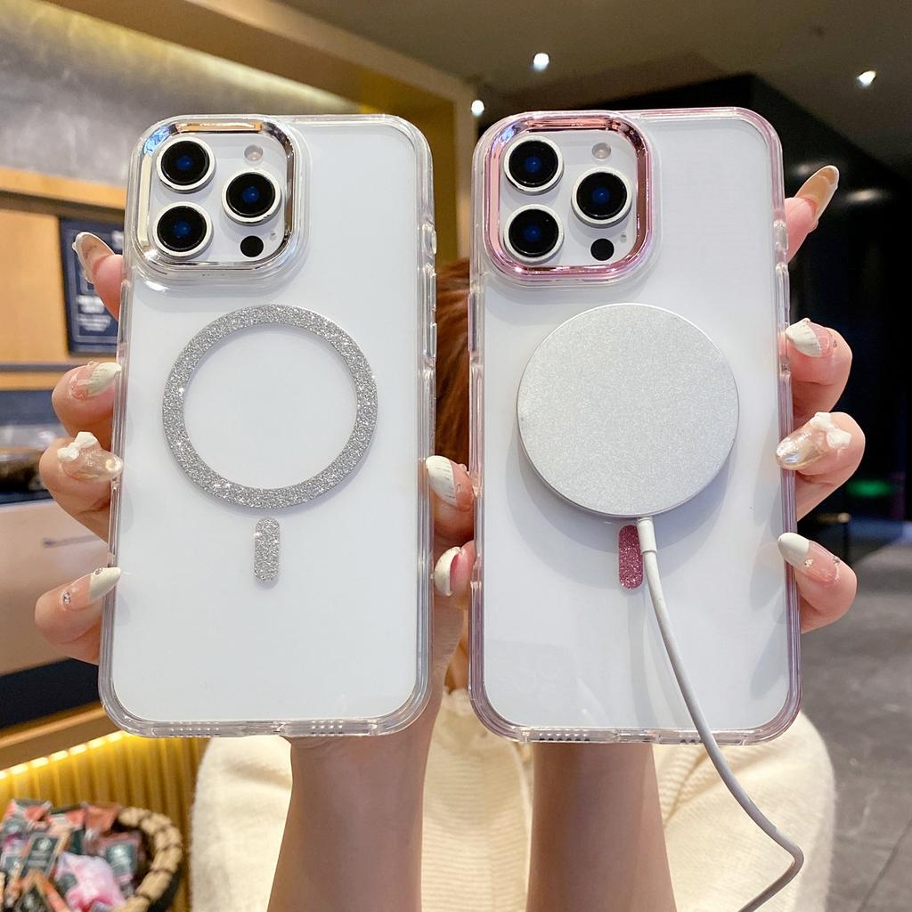 For iPhone 16 Pro Clear Case TPU + Acrylic Glitter Phone Cover Compatible with MagSafe