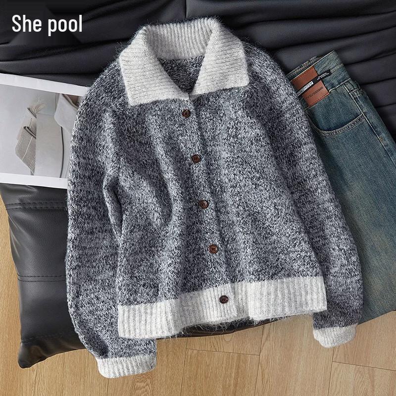 Women s Soft Knit Color-block Lapel Cardigan One Size