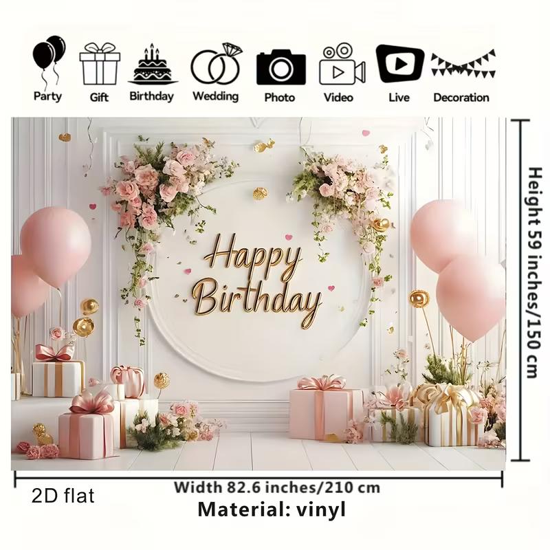 2D Pink Gold Themed Happy Birthday Backdrop Banner for Birthday Party Photography Decoration