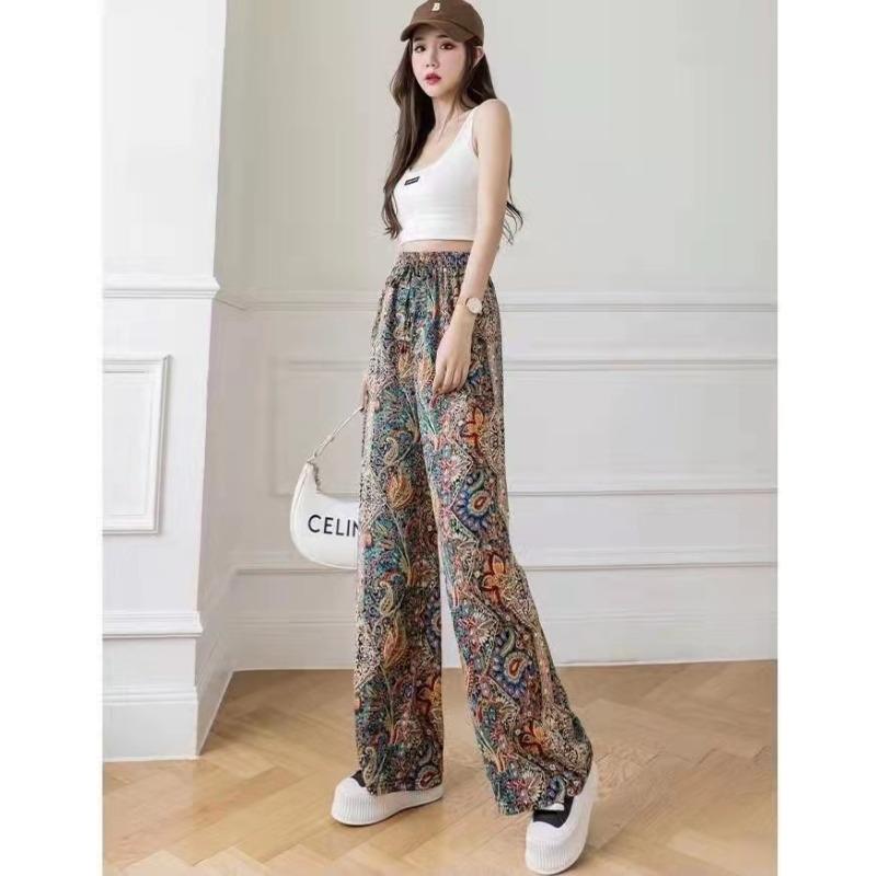 Women's Fashion Casual Colour Block Print High Waist Trousers Pants & Capris