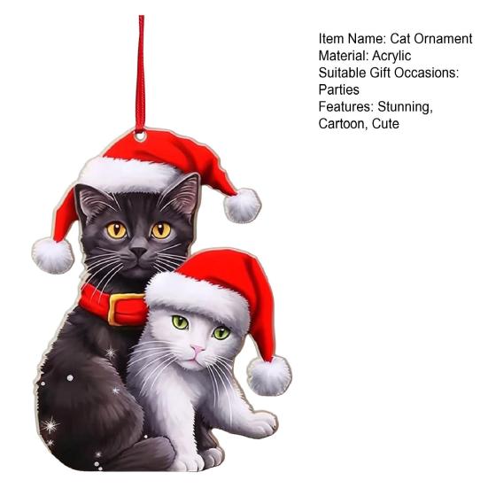 Christmas Cat Ornament Cartoon Cat with Santa Hat Pendant 2D Flat Acrylic Christmas Tree
