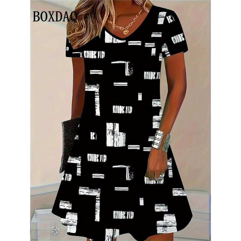 Summer 3D Print Dresses Women Fashion Pullover Short Sleeve V-Neck Dress Casual Retro Flowers Loose Plus Size Female Clothing