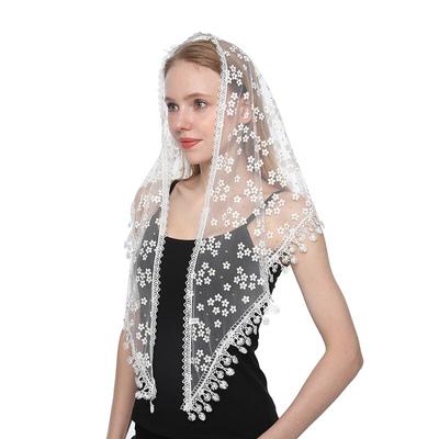 1PC Women Triangle Scarf for Church Prayer Shawl Embroidered Lace Veil Floral Headcovering Tassel Veils Mantillas for the Church's