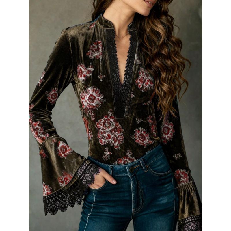 Blouse longue évasée pour femme en velours à imprimé floral avec bordure en dentelle et manches longues