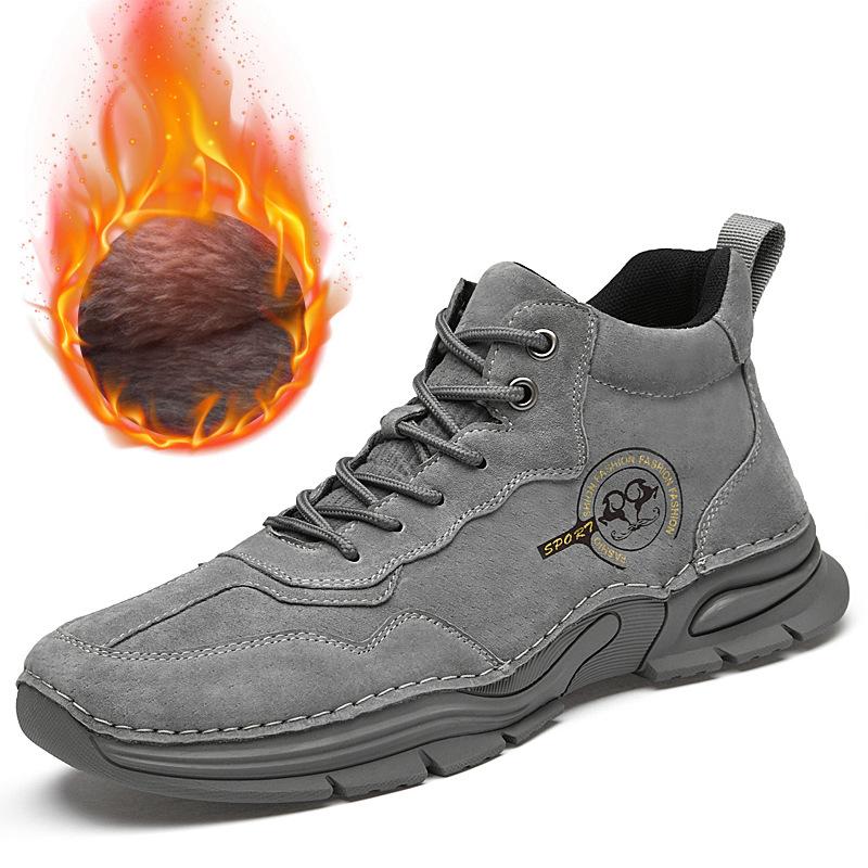 2025 new autumn and winter velvet cotton shoes medium and high top outdoor fashion casual pigskin sports hundred tower soft sole men's shoes