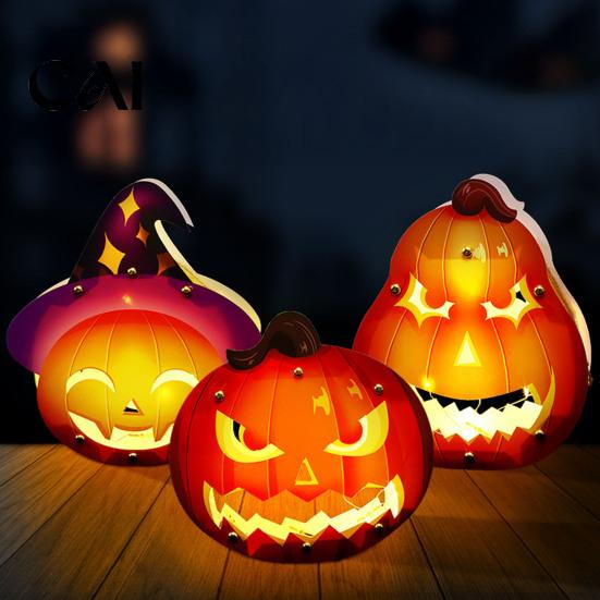 Indoor Festive Atmosphere Props Halloween Lantern Craft Set for Kids, DIY Handheld Paper Pumpkin Ghost Battery Operated LED Lights with Light Trick or