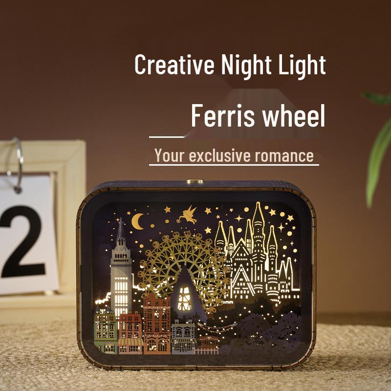 City Ferris Wheel Night Light Wood Carving - Creative Home Decoration & Travel Souvenir Ornament Ferris Wheel - Light [Music Box]